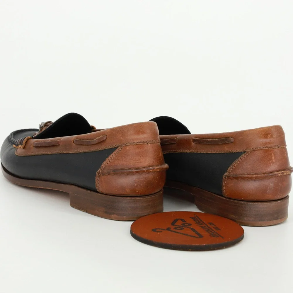 Cole Haan 3130 Mens Two Tone Leather Tassel Loafers Black Brown Brazil Sz 8.5D